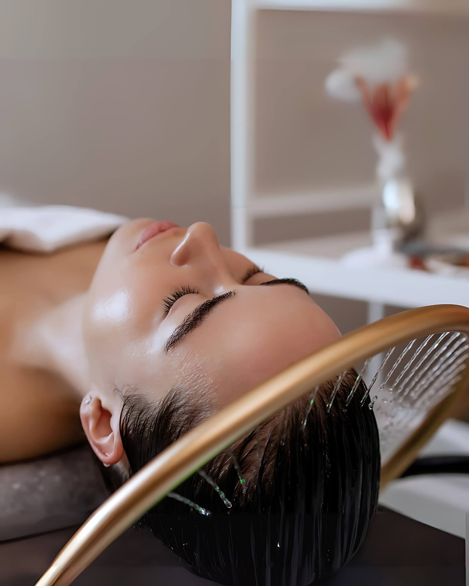 Premium head spa equipment with waterfall scalp treatment for professional salons and luxury home use.