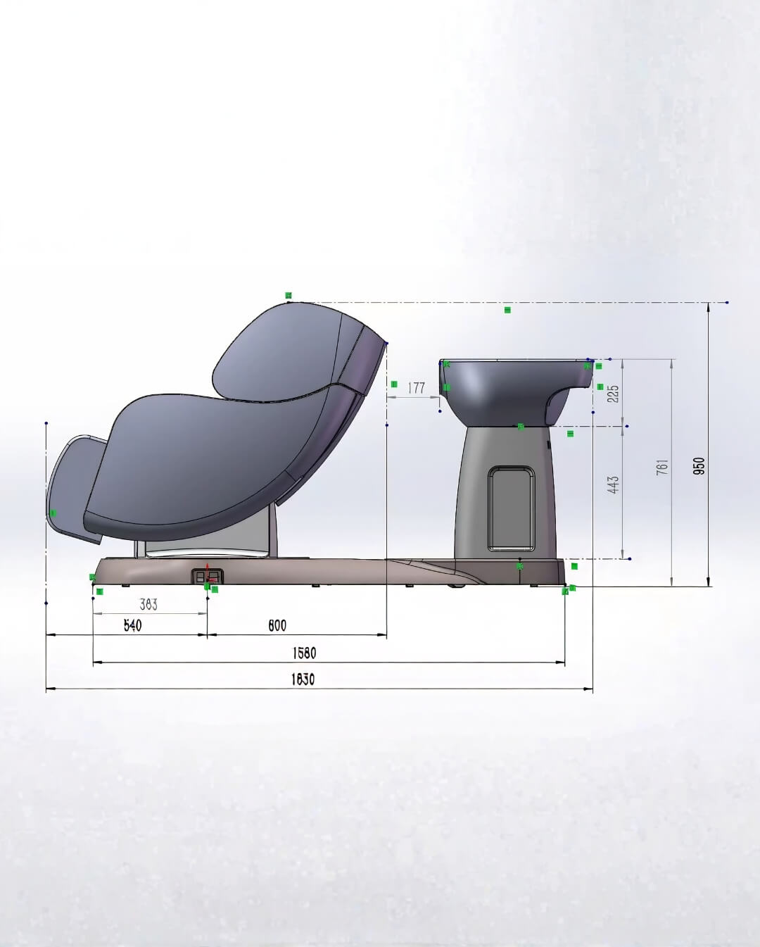 Rotating Massage Shampoo Chair dimensions and side profile diagram
