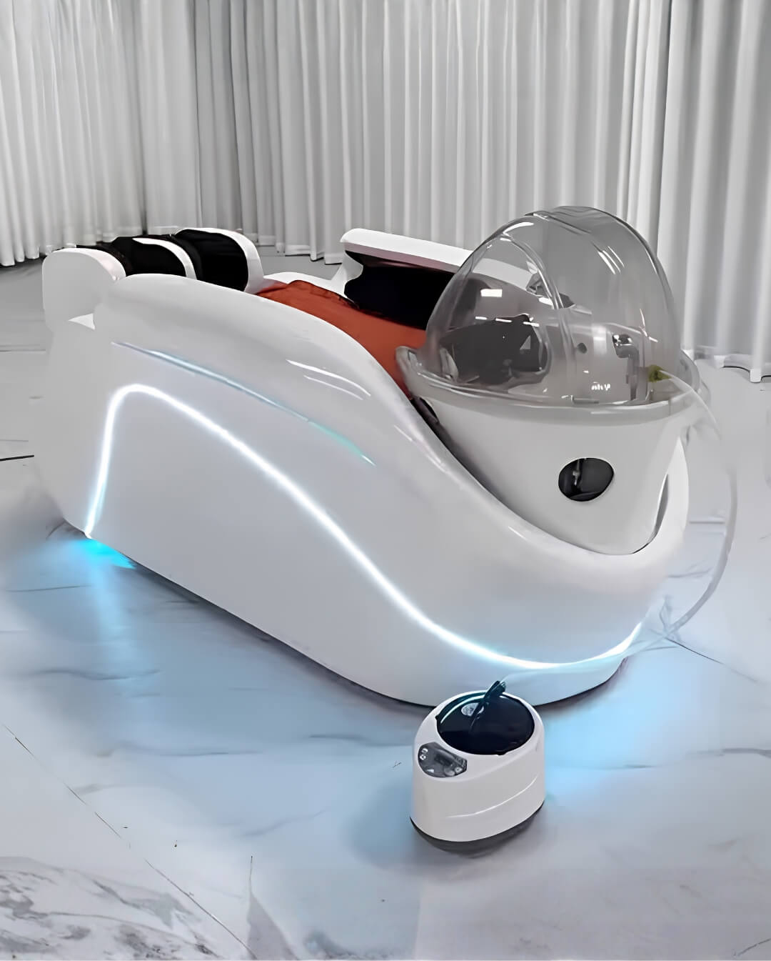 Space Capsule Shampoo Bed with steam dome for luxury head spa and wellness treatments