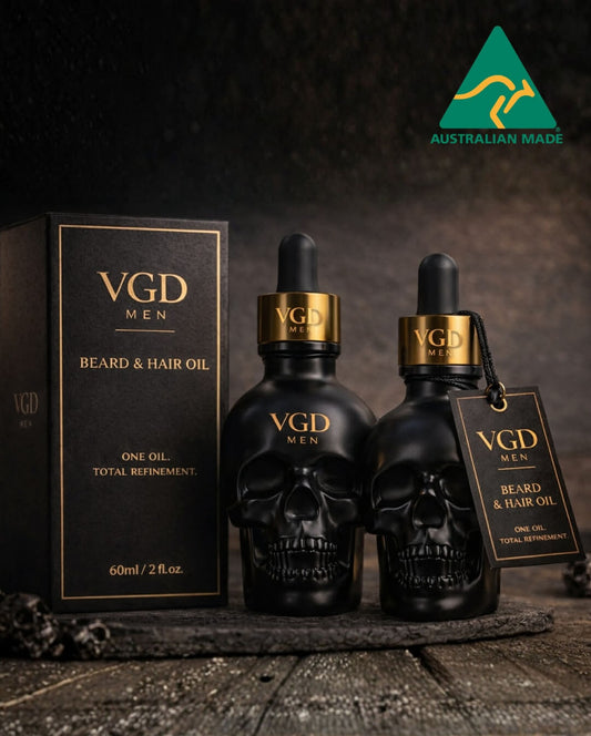 VGD Beard & Hair Oil 60ml men's grooming oil styled in modern ritual setting