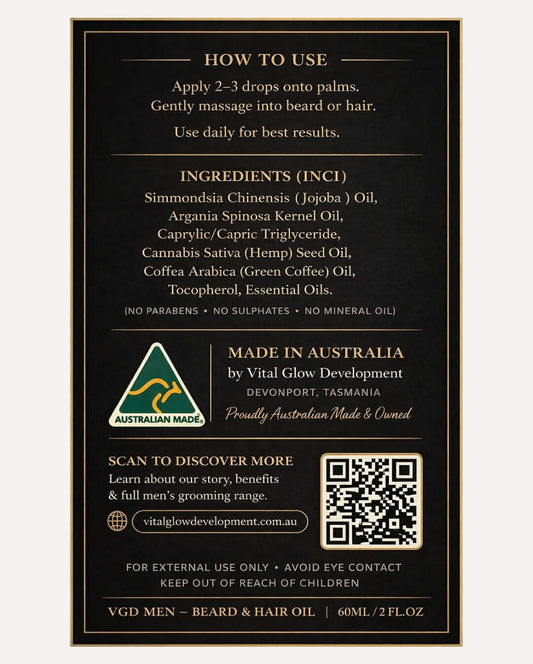 VGD MEN beard and hair oil ingredients and how to use guide, jojoba argan hemp oil formula Australia