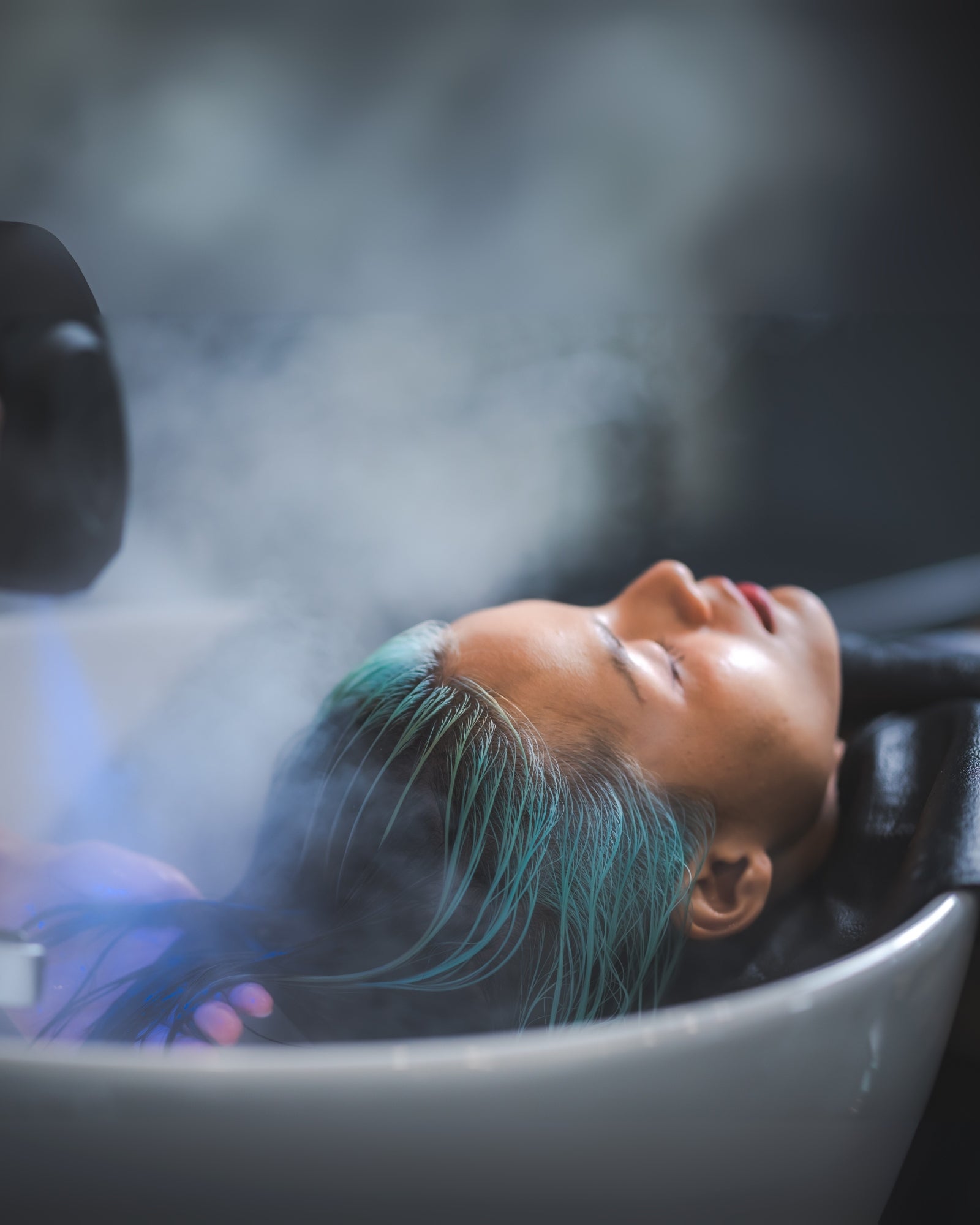 Close-up of a Vital Glow Head Spa steam scalp treatment on a client, optimised for mobile banner display.