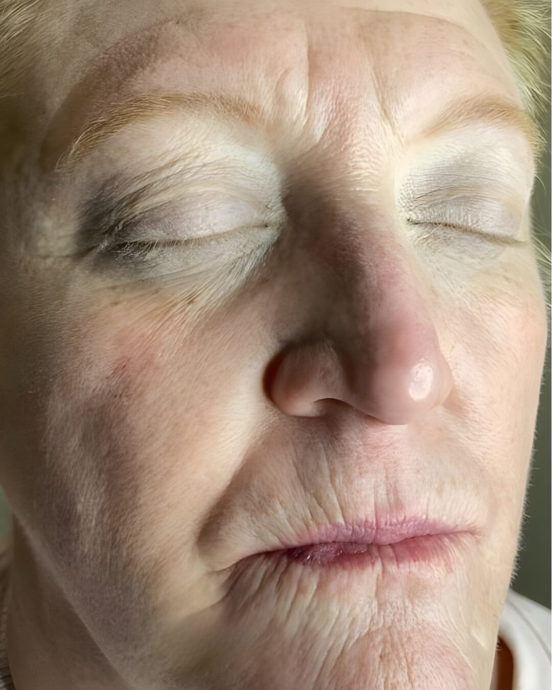 Before —mature female face close-up with visible perioral/nasolabial lines and uneven texture, eyes closed.
