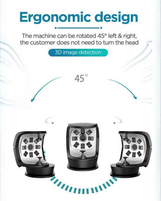 Ergonomic design of skin analyzer machine with 45-degree rotation and 3D image detection for facial analysis.