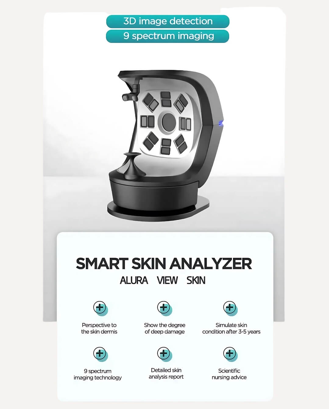 Smart skin analyzer with 9 spectrum imaging technology, detailed skin analysis report, and 3D image detection.