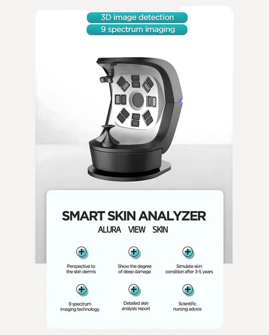 Smart skin analyzer with 9 spectrum imaging technology, detailed skin analysis report, and 3D image detection.