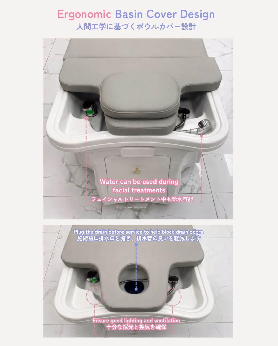 Ergonomic basin cover design for facial treatments on the Water Circulation Head Spa Bed
