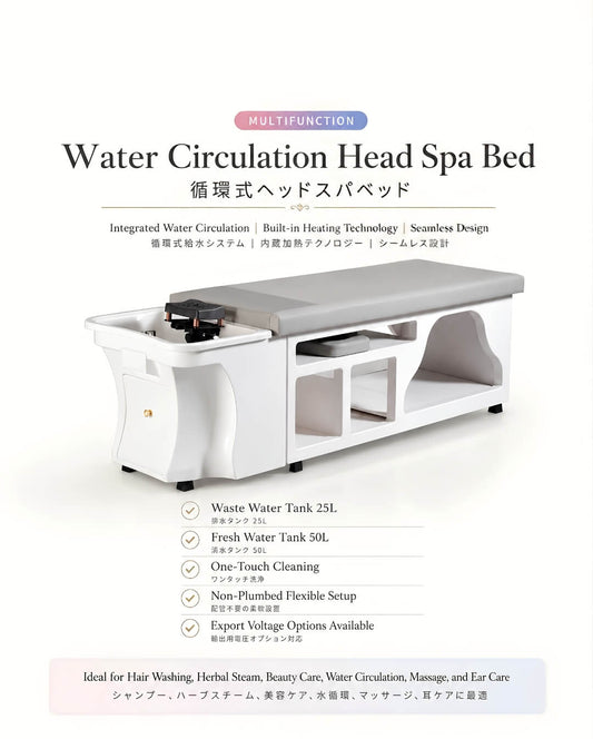 Water Circulation Head Spa Bed with 50L fresh-water tank, 25L waste-water tank and non-plumbed setup